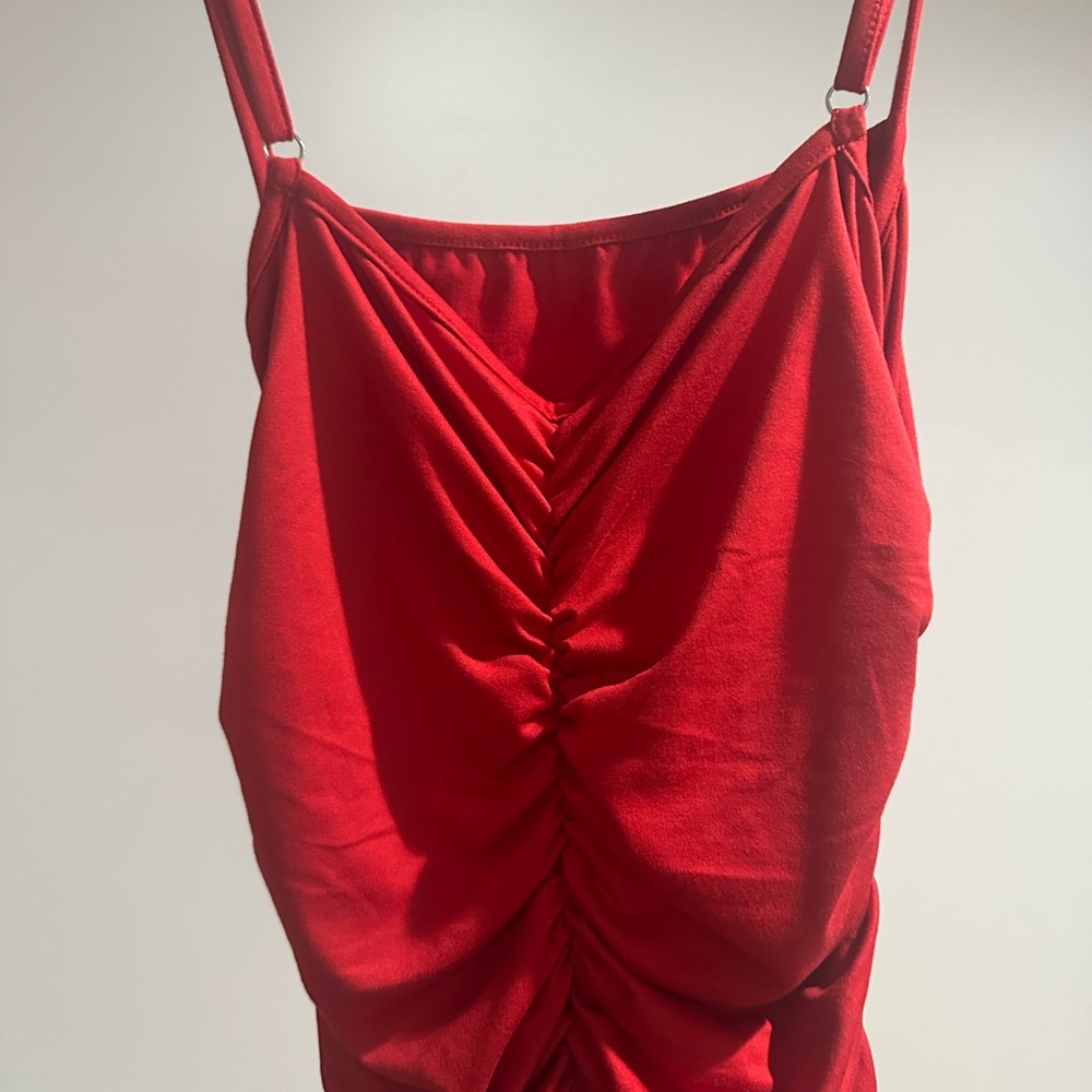 Red Ruched Spaghetti Strap Dress